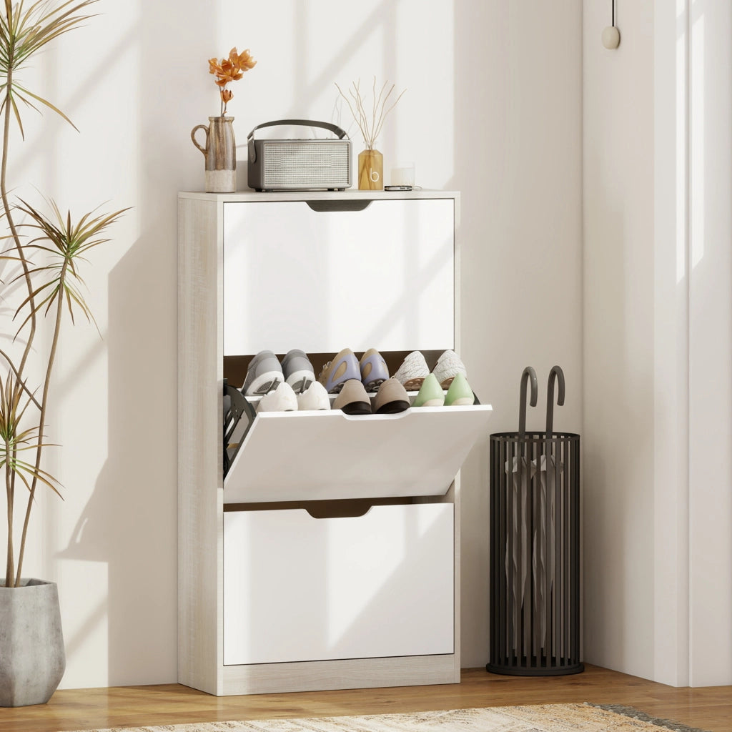 Scarpiera 3 Ante con Appendiabiti ¨C Zephmum ¨C Roble e Bianco 62.5x26x117.5 cm
