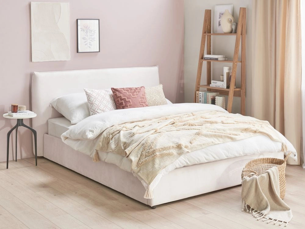 Letto con rivestimento in velluto bianco crema UE King Size 160x200cm Grande testata classica contenitore Doghe in legno