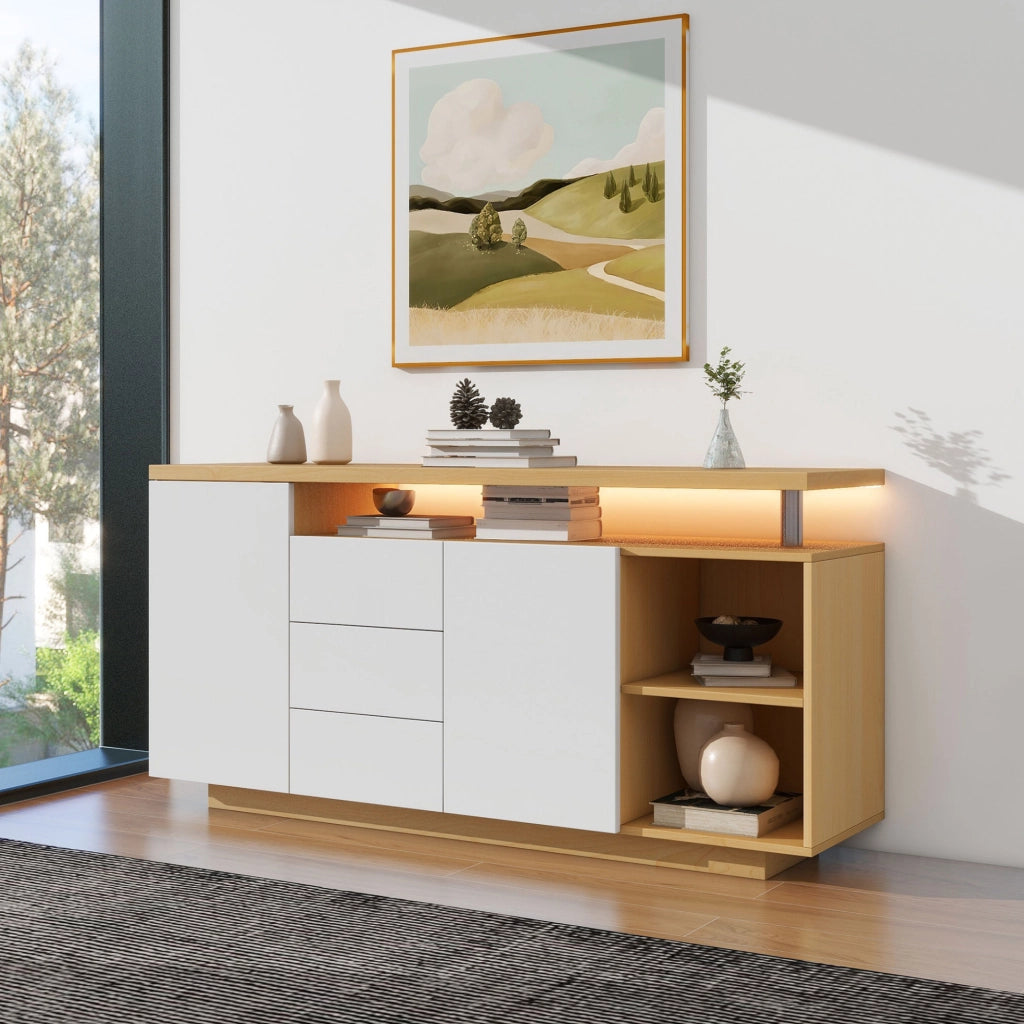 Credenza 140x40x70 cm con illuminazione LED e spazio contenitivo in truciolato bianco e rovere chiaro