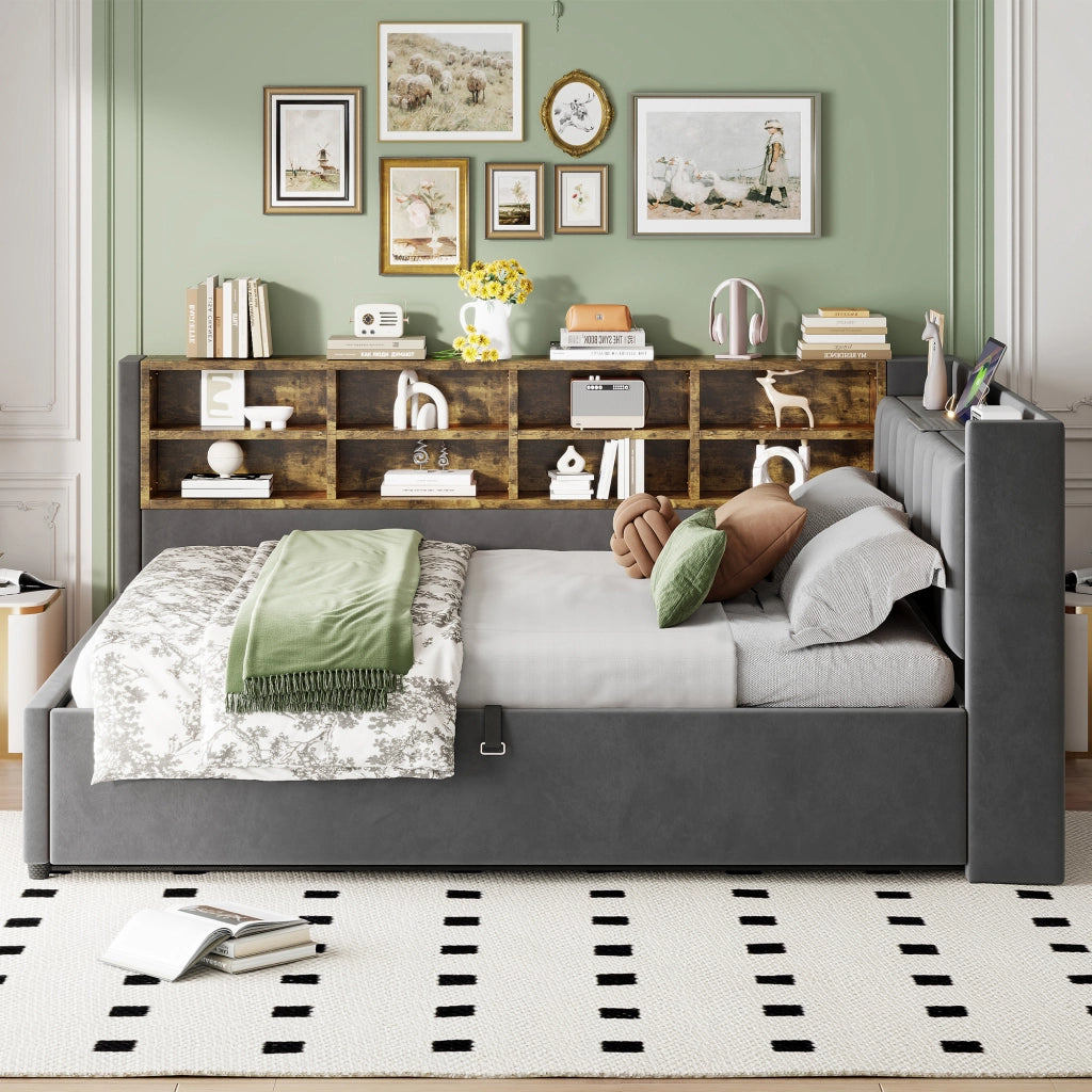DESMIU Letto contenitore 140 × 200 cm 2 posti con luce LED, USB e Type-C, ripiani e vano idraulico, senza materasso, grigio
