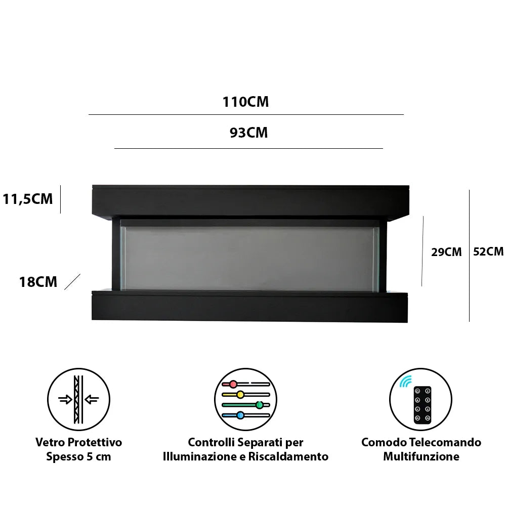 Caminetto elettrico ALARO NERO TEMPO STYLE con cornice di legno effetto fuoco 3 colorazioni 750 - 1.500 W