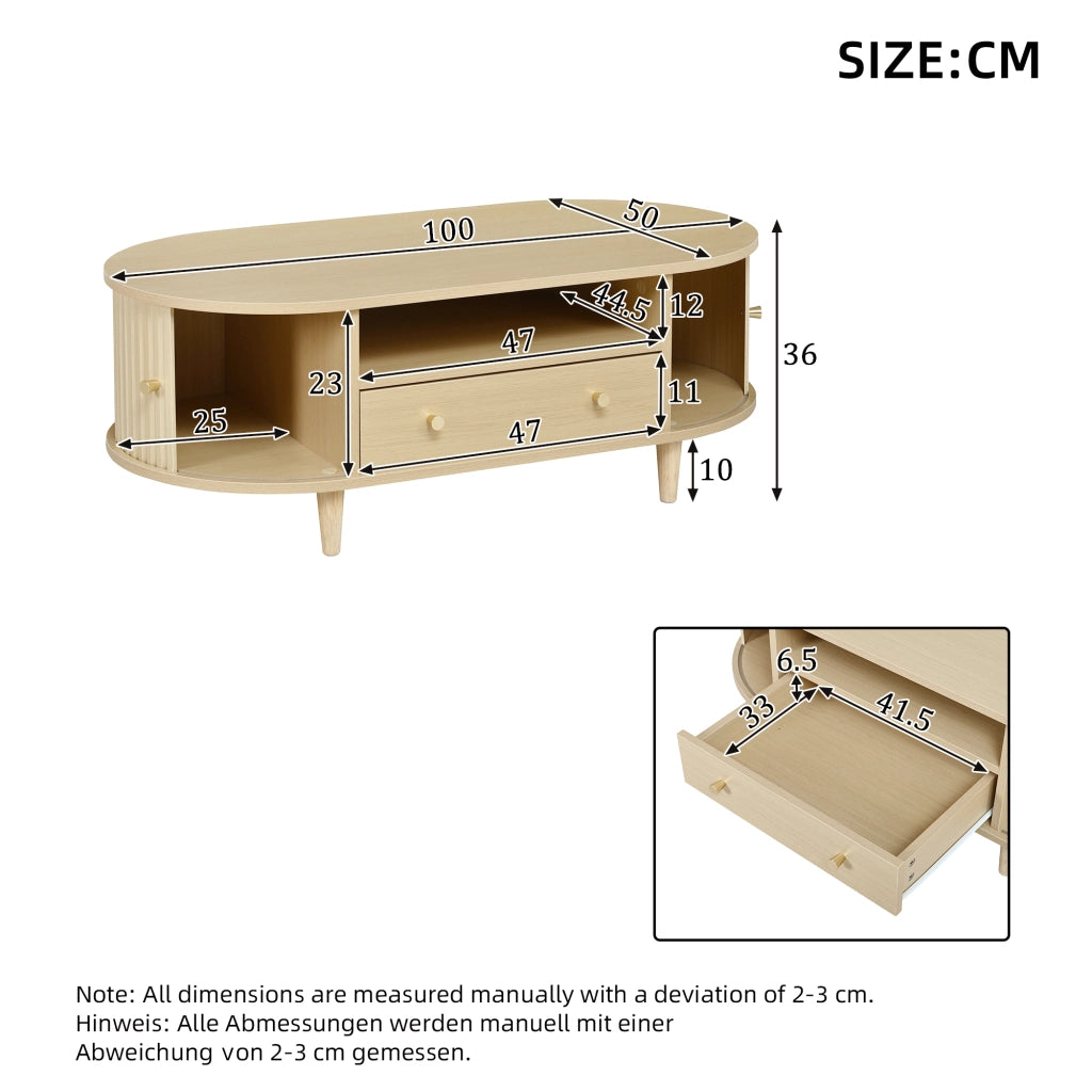 Tavolino basso ovale con 1 cassetto, vani aperti e anta scorrevole, per soggiorno, in MDF, rovere, 100 × 50 × 36 cm