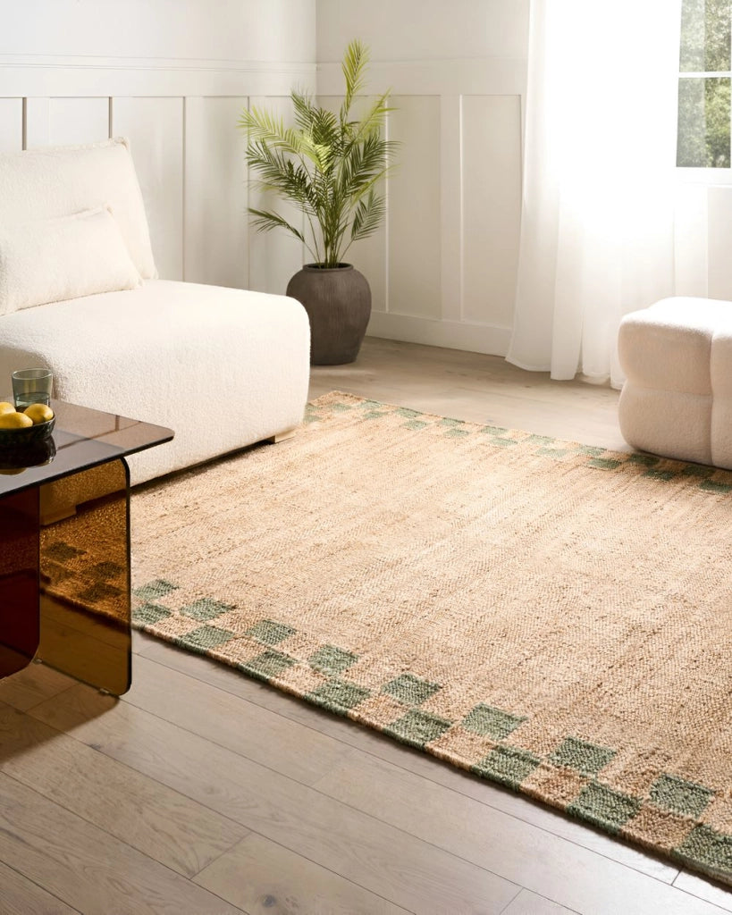 Tappeto beige e verde in cotone e iuta 160 x 230 cm Rettangolare Tessuto Stile rustico Soggiorno Camera da letto Bordo a scacchi