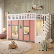 Letto a soppalco basso per bambini 90x200 cm con scala contenitore e LED; legno e MDF; bianco e rosa