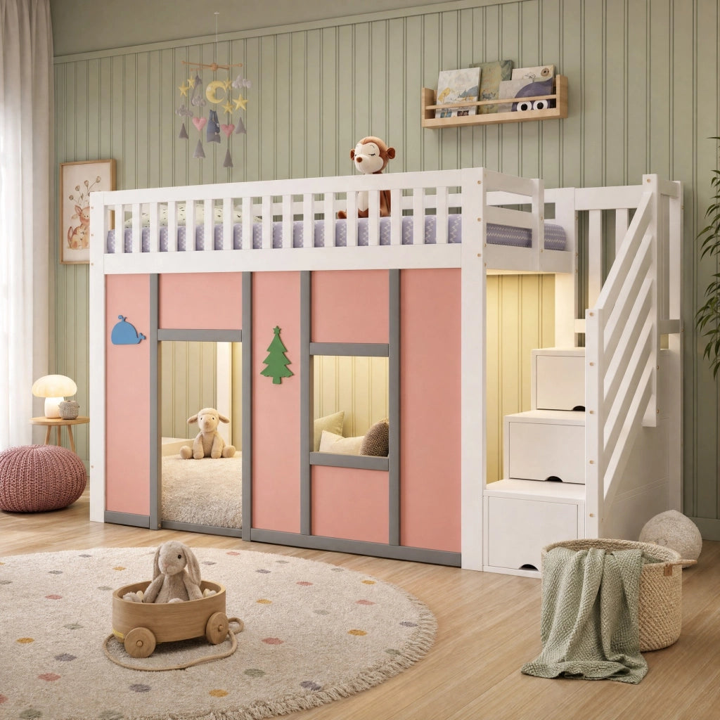 Letto a soppalco basso per bambini 90x200 cm con scala contenitore e LED; legno e MDF; bianco e rosa
