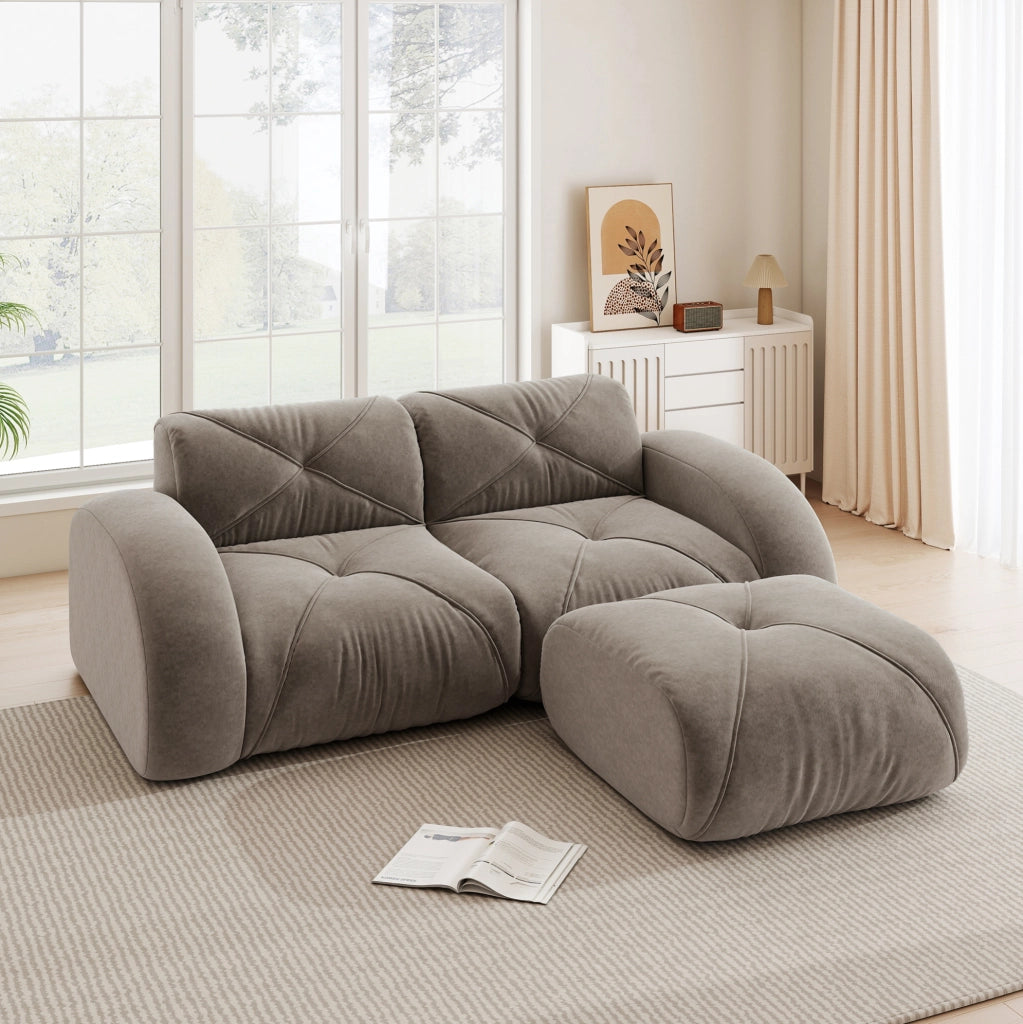 Divano modulare in ciniglia taupe con pouf HOMVRA