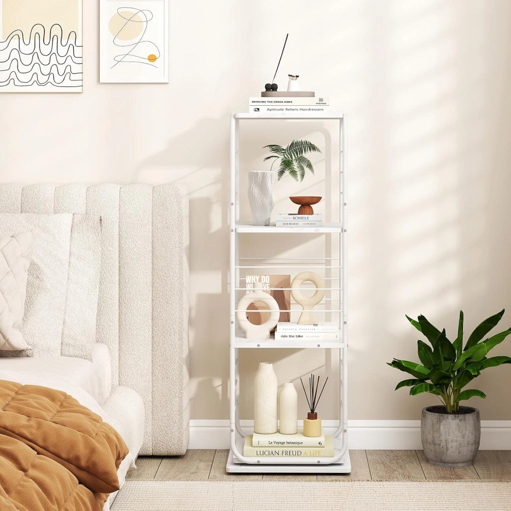 Libreria Girevole a 4 Ripiani, Torretta Libreria Rotante a 360° con Struttura in Metallo, Scaffale d'Angolo Salvaspazio per Casa, Ufficio e Soggiorno, 40x40x115 cm (Bianco)