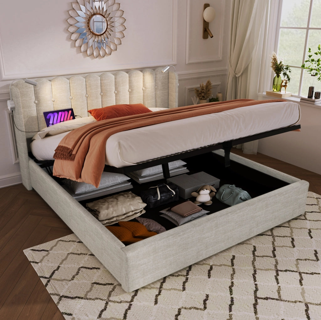 Letto matrimoniale contenitore 160x200 cm in lino beige con USB; luce da lettura e materasso incluso