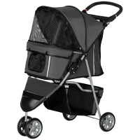Passeggino per Cani Pieghevole con Portabicchieri e Cestino, in Acciaio e Poliestere, 75x45x97 cm, Grigio Carbone