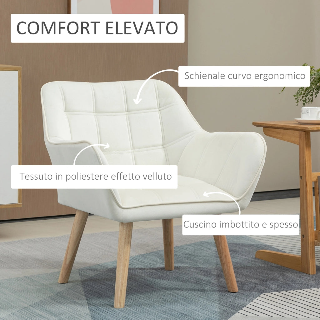 EasyComfort Poltrona Design Scandinava in Legno ed Effetto Velluto Crema, per Soggiorno o Ufficio, 67x61.5x71cm