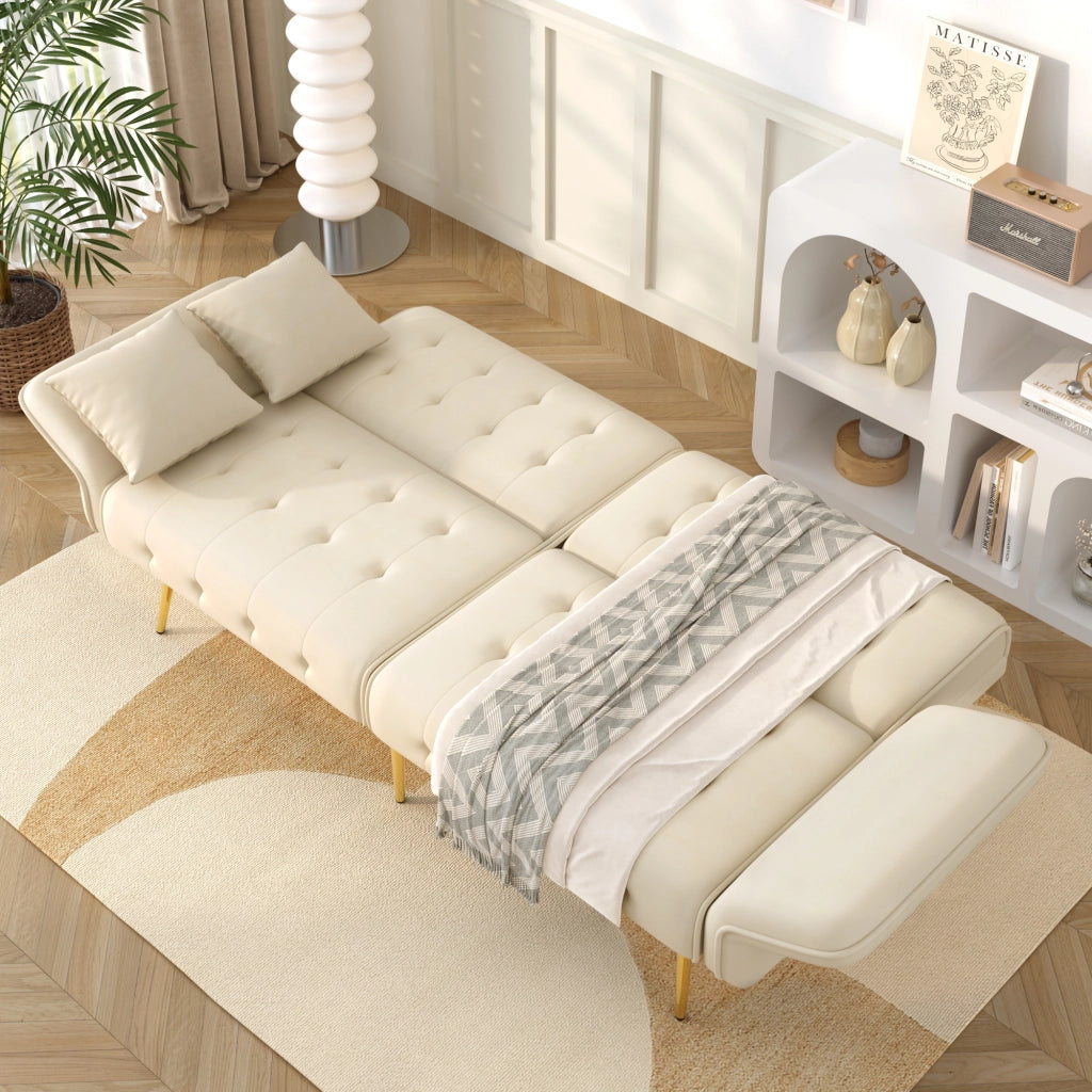 OKWISH Divano Letto 2 Posti, Schienale e Braccioli Regolabili, Cuscini Inclusi, Velluto e Schiuma, Beige