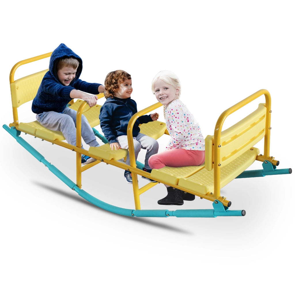 Altalena Basculante per Bambini 3 Posti 132;99 cm in Acciaio e Plastica; Blu e Gialla