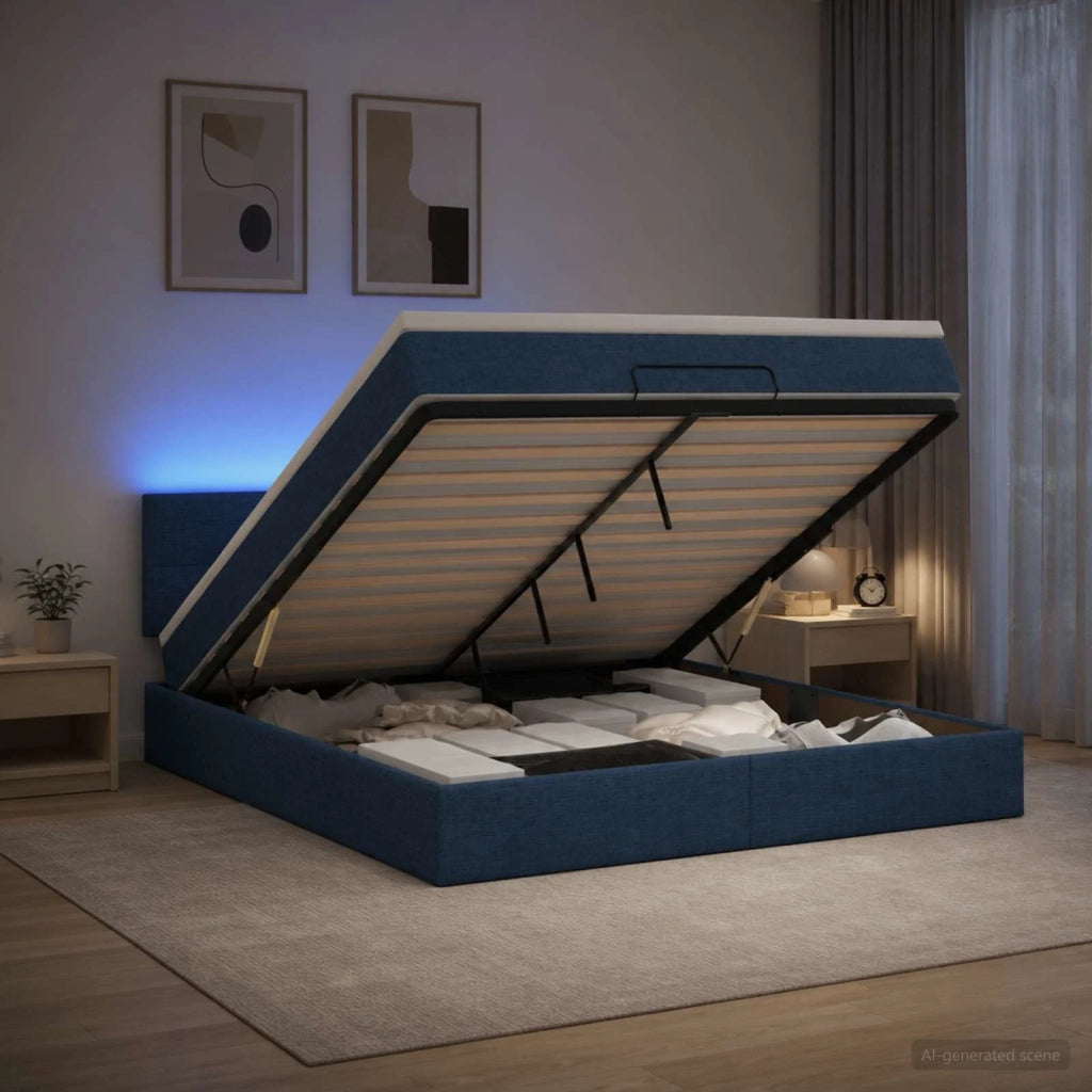 Letto Ottomano con Materasso e LED Blu 180 x 200 cm Tessuto 3456932