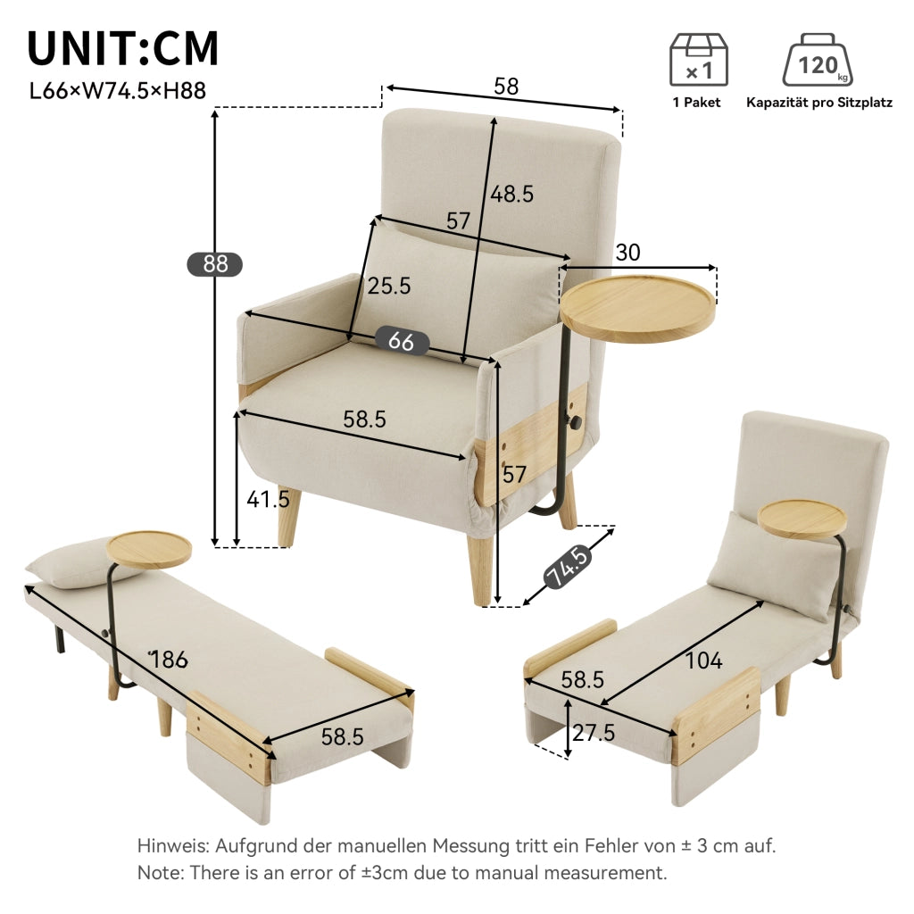 SESSEL 3-in-1 88x74,5x66 cm in lino beige con vassoio in legno