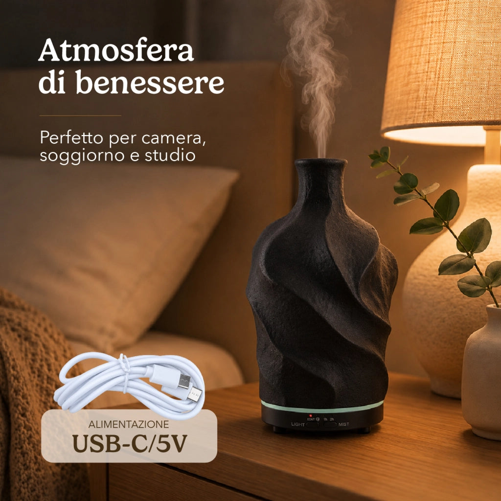 Diffusore di Aromi 80 ml in Ceramica con Luce LED 7 Colori, Umidificatore per Oli Essenziali con Timer 1/2 Ore, Alimentazione USB-C 5V, Design Compatto Nero
