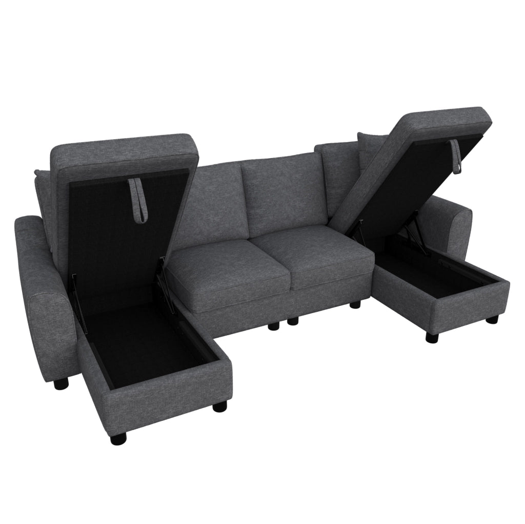 Divano a U in ciniglia grigio con vano contenitore, 280x137x84 cm