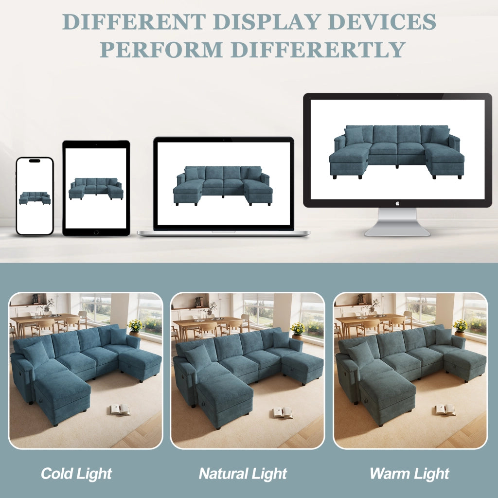 Divano modulare 6 posti con 2 pouf contenitore prese USB e Type-C rivestimento in ciniglia blu 261 × 134 × 82 cm