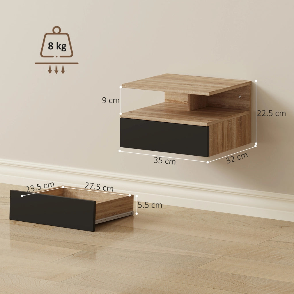 Set di 2 Comodini Sospesi con Cassetto e Mensola Aperta, 35x32x22.5 cm, Nero e Rovere