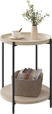 WOLTU Tavolino da Salotto Rotondo, Tavolino da caffè con 2 Ripiani, Piano d’Appoggio Rimovibile, Comodino per Camera da Letto, Tavolinoda Divano, in Metallo e MDF, Rovere Chiaro e Nero, BTS06hei
