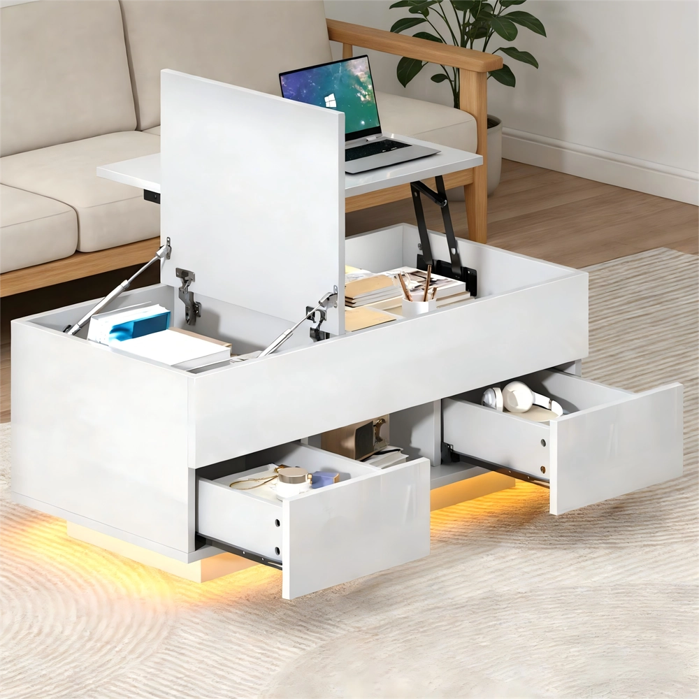 Tavolino da Caff¨¨ Sollevabile con LED e Cassetti ¨C MINIMAL ¨C Bianco, Truciolato, 100x50x43