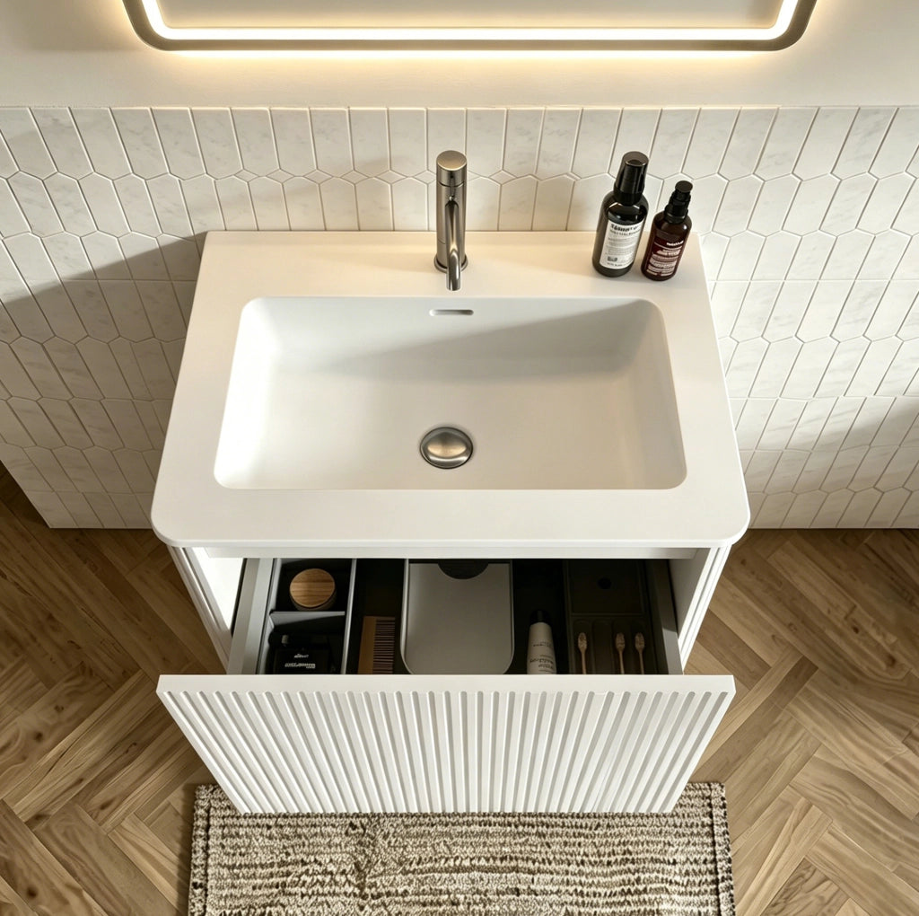 Set mobile bagno sospeso ULEVR con lavabo integrato e specchio LED antiappannamento, bianco