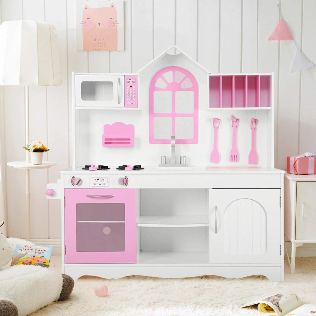 Cucina Giocattolo per Bambini, Cucina Legno per Bambini con Forno, Microonde, Lavello e Rubinetto, con Accessori da Cucina, per 3+ Anni