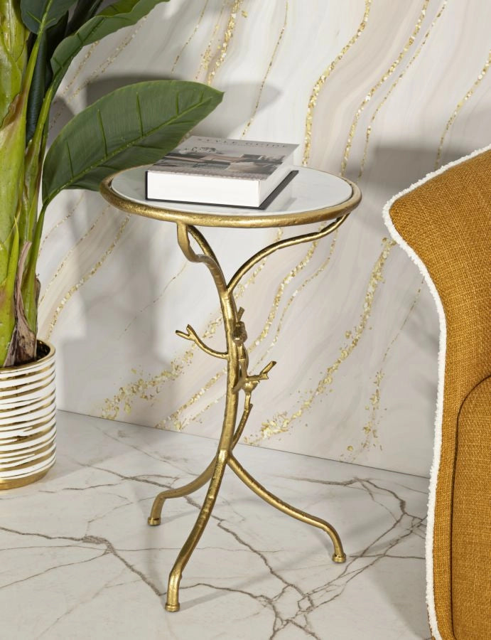 Tavolinetto Birds Marble Ø38x60 cm in Ferro e Marmo Oro e Bianco
