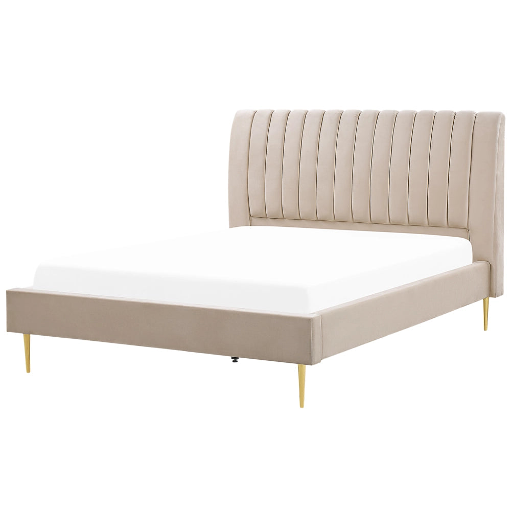 Letto imbottito velluto beige sabbia e oro rete a doghe testiera alta 180 x 200 cm testata alta design retrò