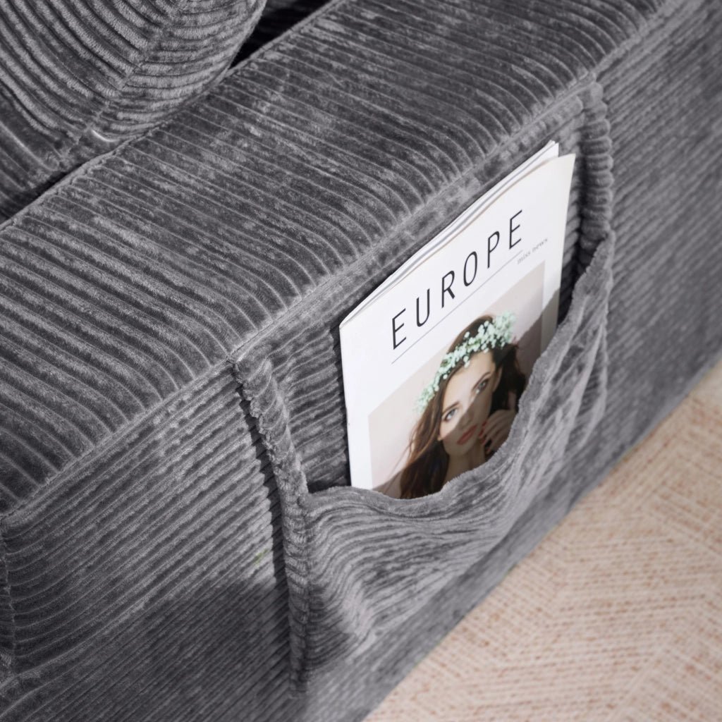 DIVANO in corduroy grigio scuro con tasche laterali e 3 cuscini