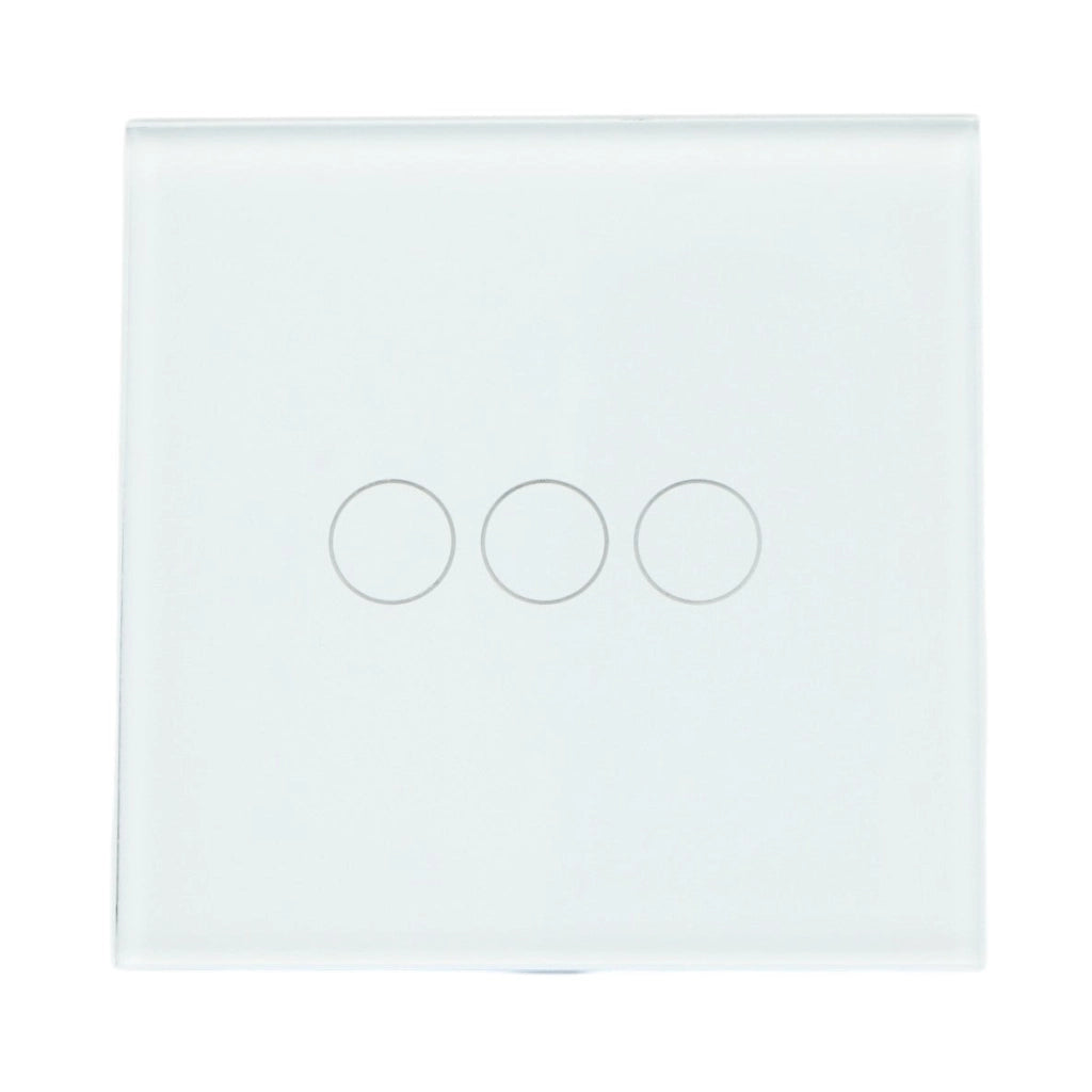 Interruttore a triplo tocco, bianco, 220V, spia luminosa, cornice in vetro 86x86x34mm