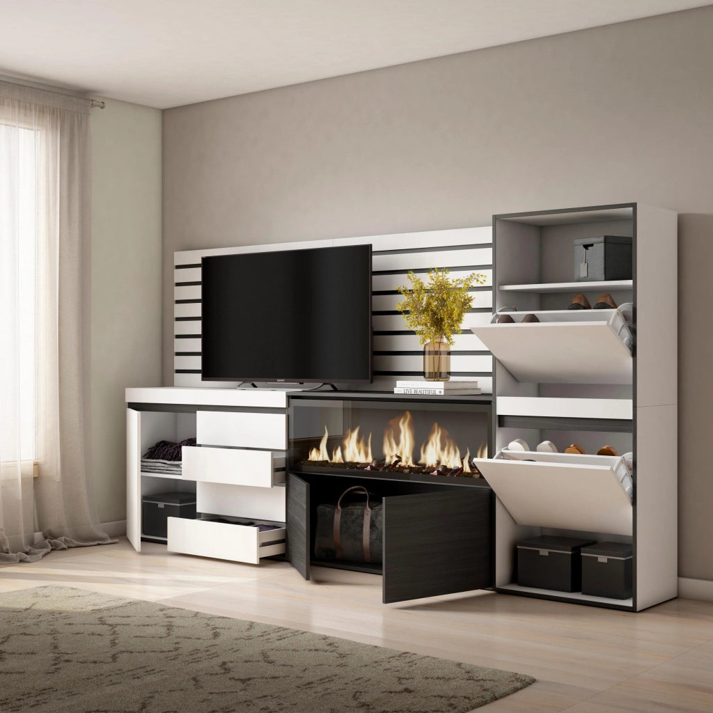 Credenza, 274x35x145cm, Camera da letto, Camino elettrico XXL, Cassettiera, Scarpiera, Bianco RF3388