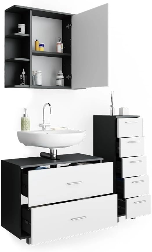 Set mobili bagno Ilias, Bianco/antracite, 80 cm, composto da mobile sottolavabo, specchiera e mobile medio