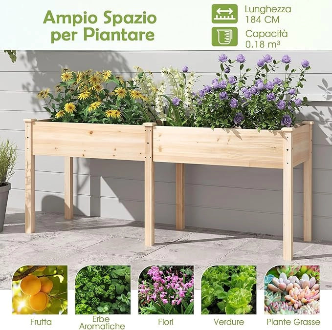 Fioriera da Giardino Rialzata, Letto da Giardino Elevato in Legno con Pannello Divisore, Fori di Drenaggio, Aiuola Rialzata per Piante, Fiori, Erbe e Verdure (Naturale)