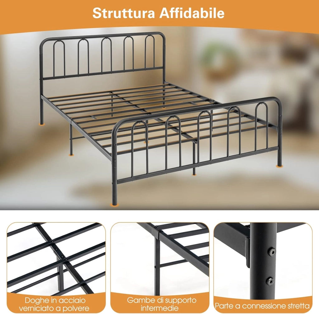 Telaio da Letto in Metallo, Struttura Letto con Testiera e Pediera, Letto a Piattaforma con Doghe in Acciaio, Carico Massimo 300kg, Nero (200cm x 160cm)