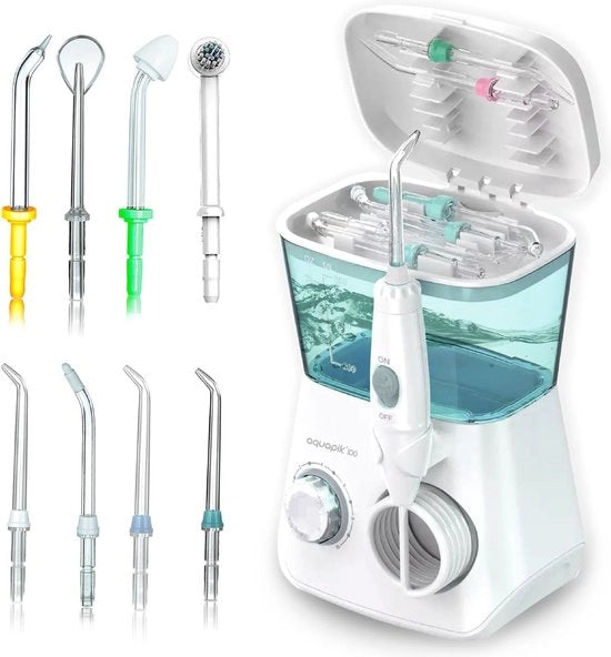 Flossatore a getto d'acqua professionale con 8 accessori e 10 livelli di pressione per un'ottimale igiene orale