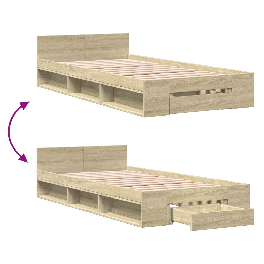 Letto singolo | Letto per adulti | Giroletto Cassetto Rovere Sonoma 90x190 cm Legno Multistrato