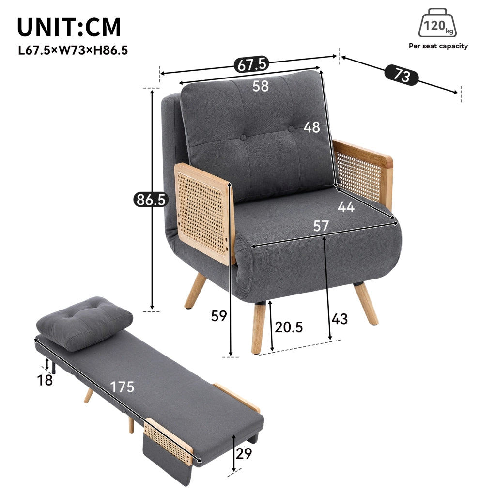 SEDIA 3 in 1 reclinabile 67,5x73x86,5 cm in lino grigio con cuscino