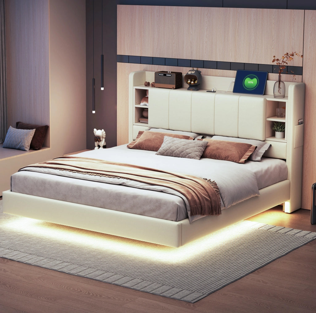Letto imbottito 160x200 cm beige, tessuto di lino con LED e USB