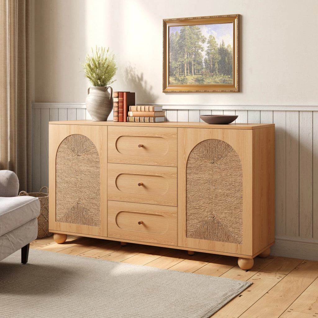 Credenza con 2 ante e 3 cassetti, per ingresso, in MDF e truciolare, naturale
