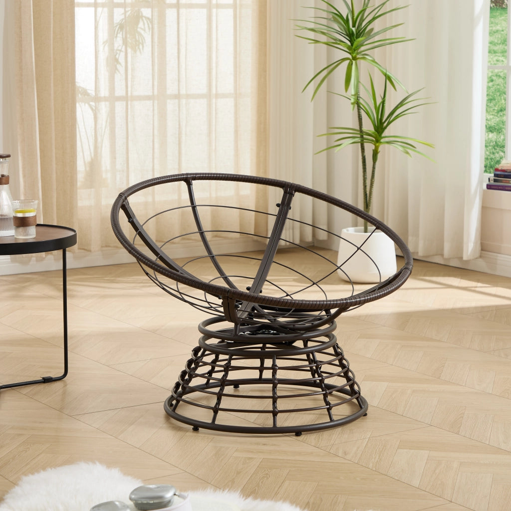 Poltrona Papasan Girevole 360 con Cuscino Imbottito; Design Ergonomico per Soggiorno o Camera; Acciaio Marrone Verde Chiaro