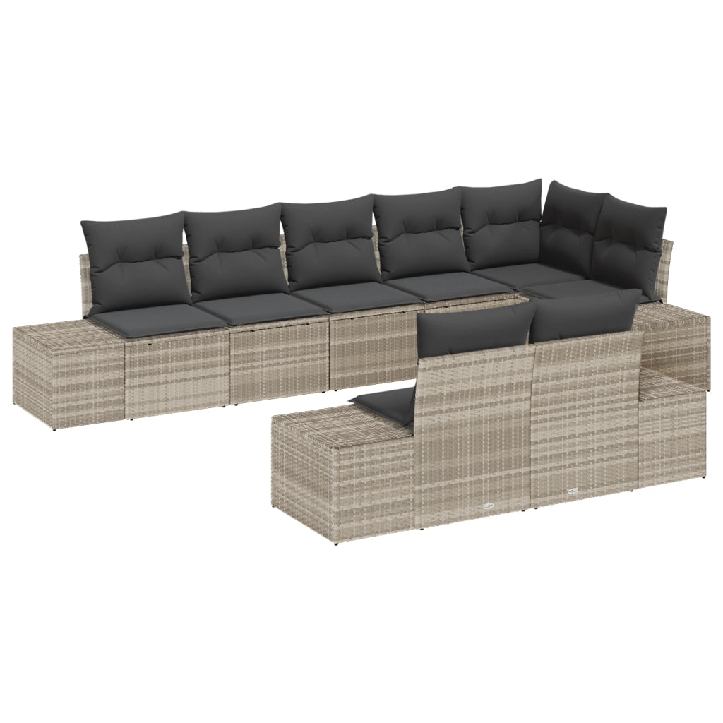 Set di Divani da Giardino da 8 Pezzi con Cuscini Grigio Chiaro Polyrattan