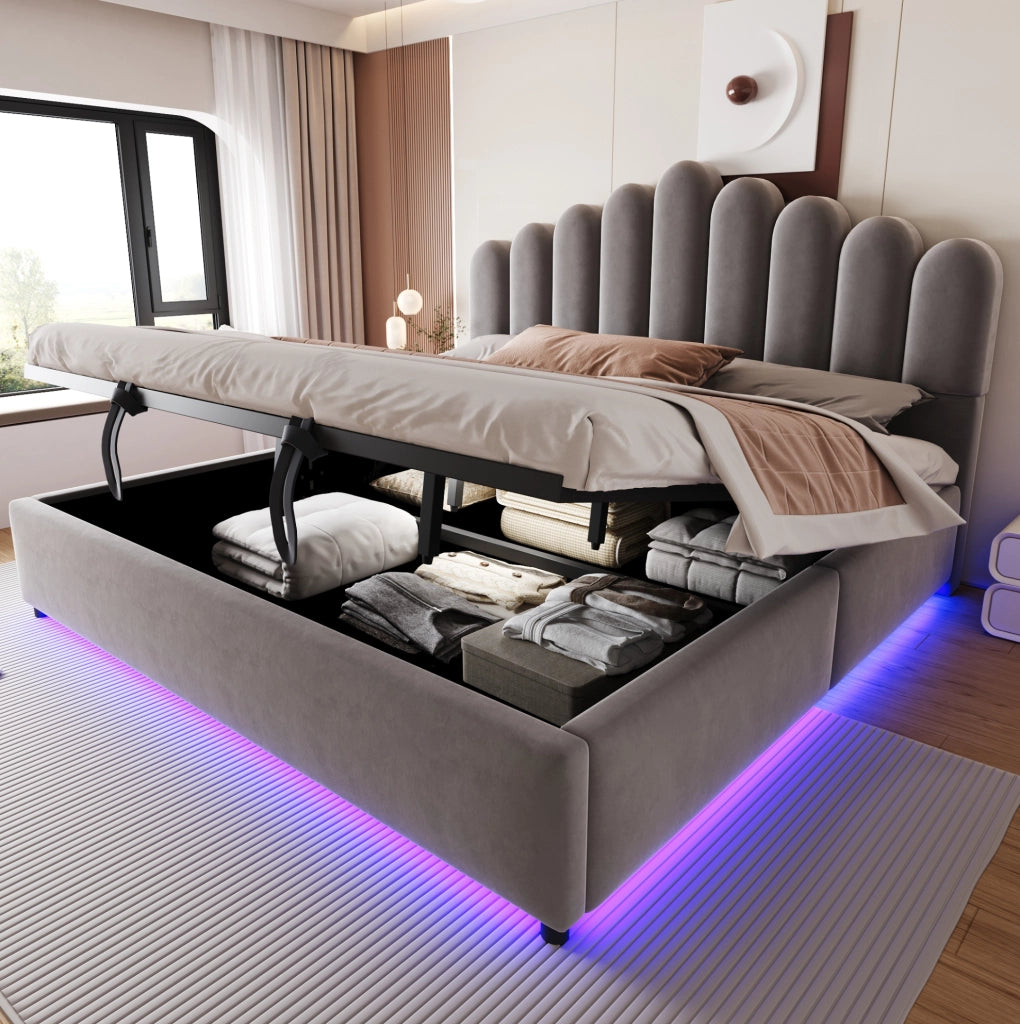 Letto imbottito 180x200 cm con contenitore idraulico; LED; velluto grigio