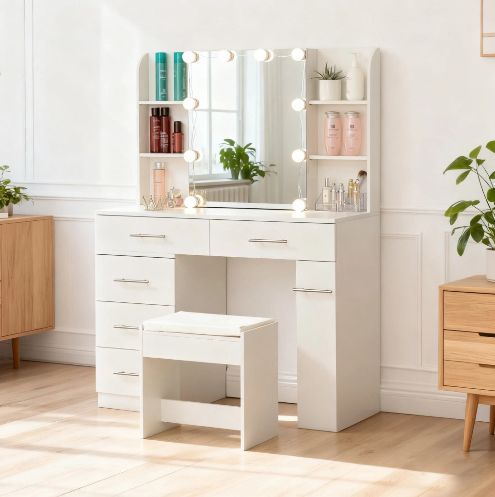 Tavolo da trucco 100x40,5x136 cm bianco con specchio scorrevole, LED e vani, MDF,