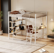 Letto a soppalco 90x200 cm con scrivania e ripiani; MDF e metallo; bianco