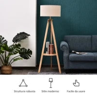 Lampada da Terra con Ripiano Intermedio Paralume in Lino Interruttore a Pedale Risparmio Energetico Altezza 154cm, Legno, 50x50x154 cm