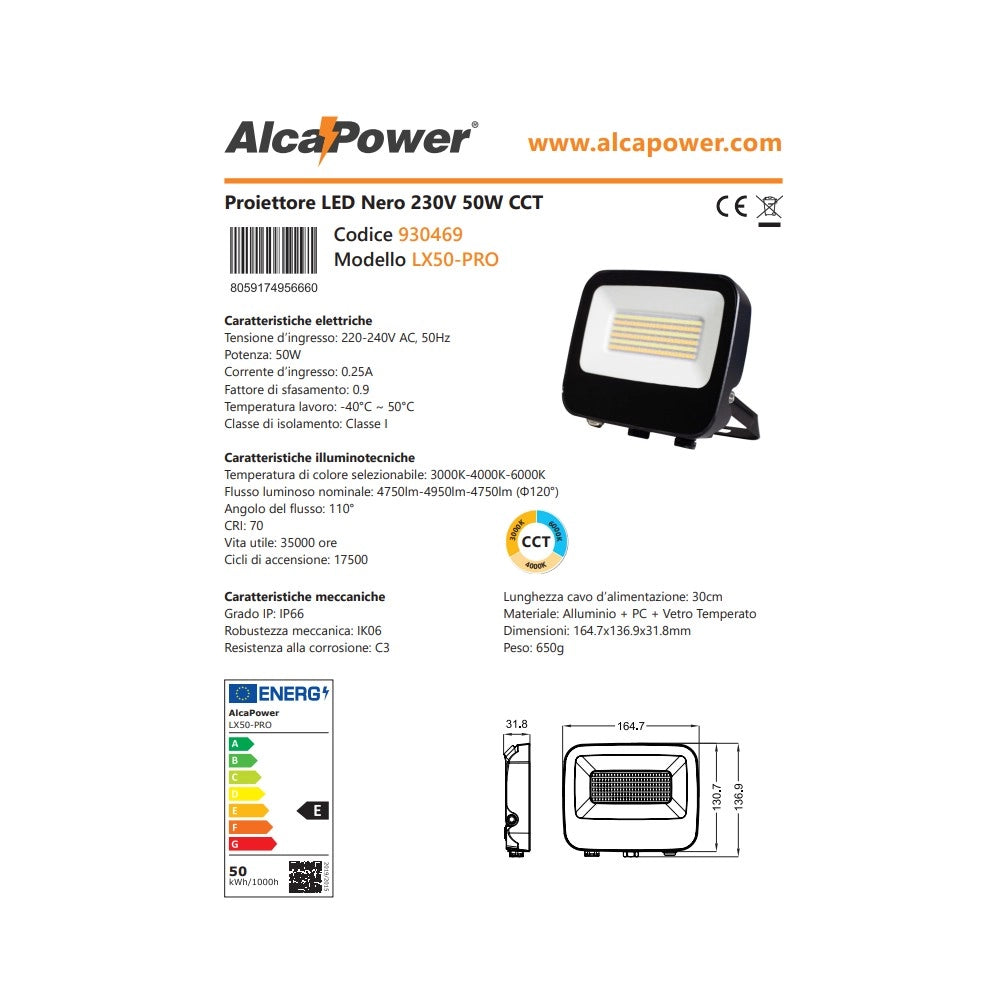 Alca power lx50-pro proiettore led da 50w a 220-240v temperatura di colore e flusso luminoso regolabile