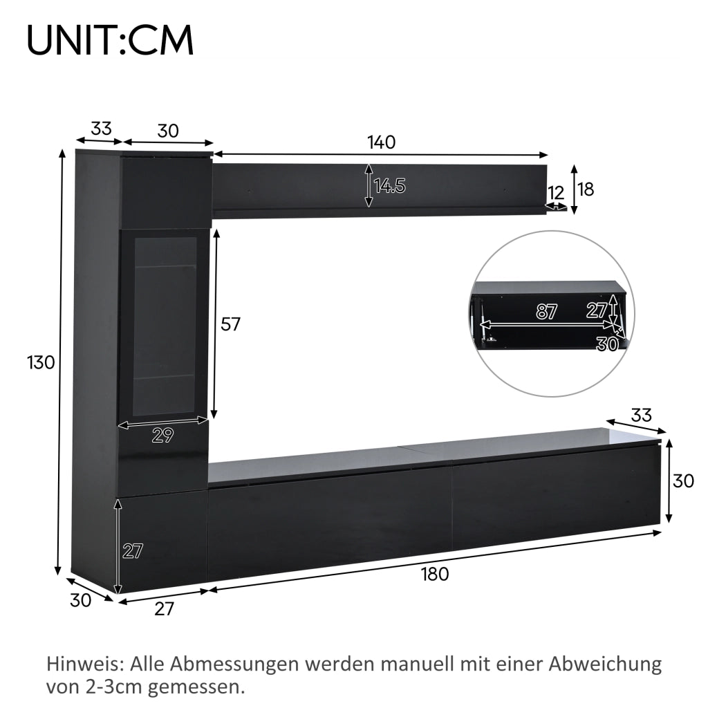 PARETE ATTREZZATA 3 pezzi con LED 180 cm Nero lucido