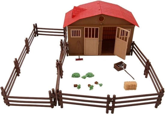 Set di giocattoli per bambini con figure di animali da fattoria, casetta, recinzione e stalla.