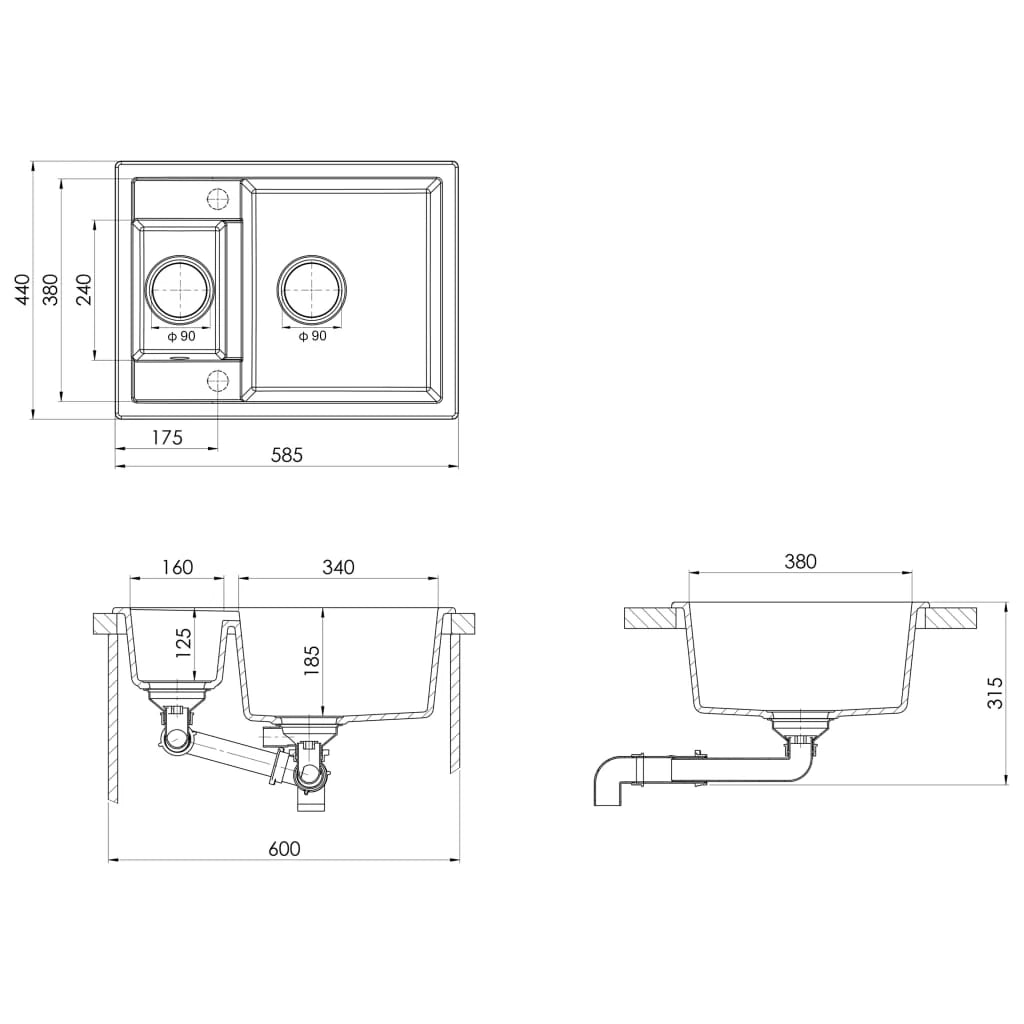 Lavello doppio da cucina con foro troppopieno 58 x 44 cm granito bianco 02_0004378