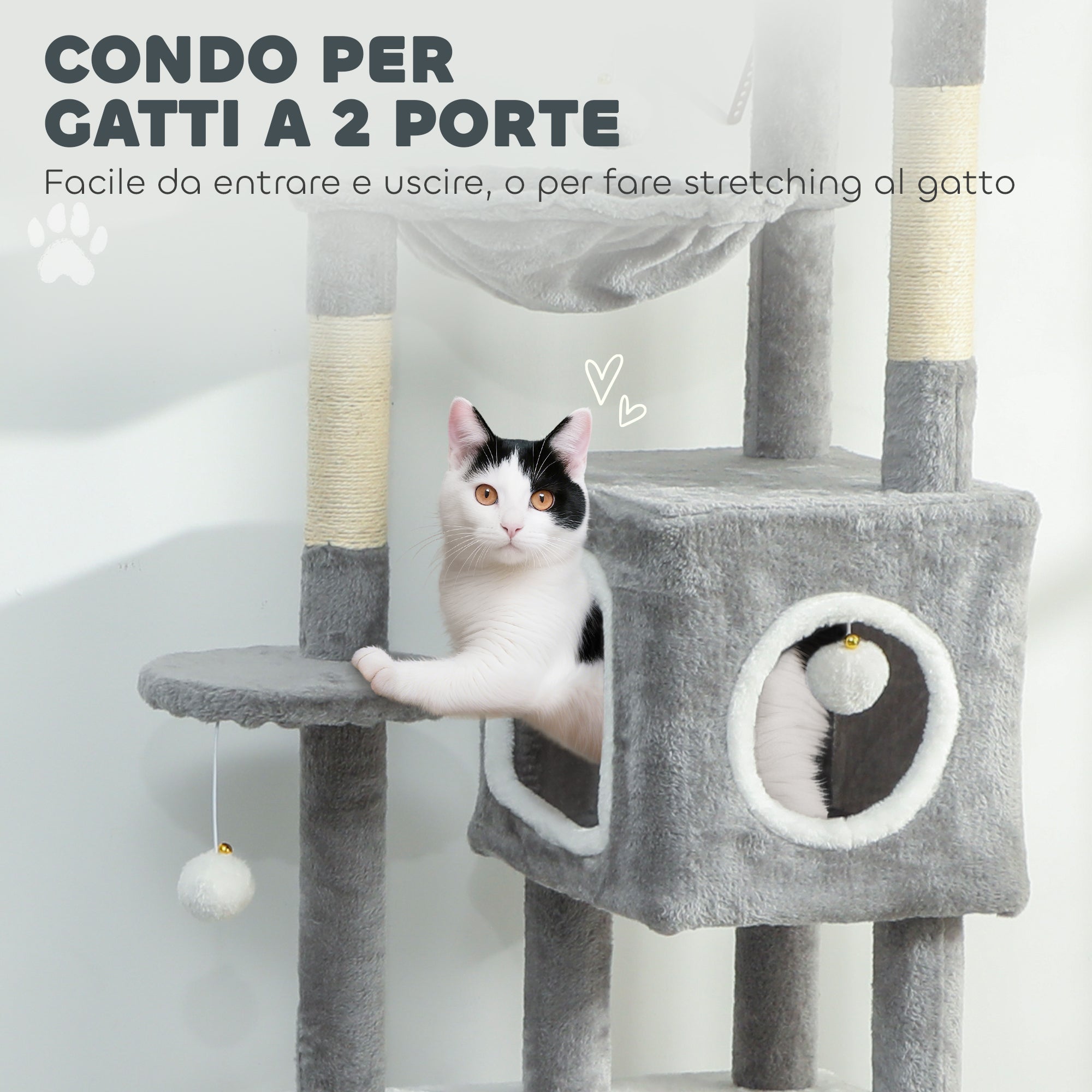 Albero Tiragraffi per Gatti 48x40x165 cm con 2 Casette Rampa Trespoli in Peluche e Sisal Grigio e Bianco